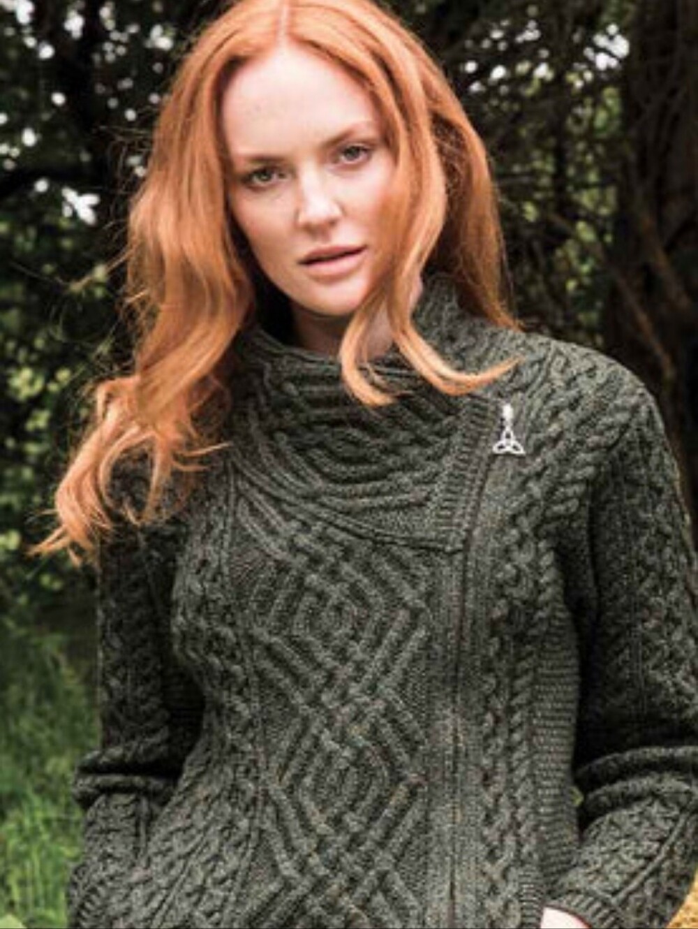Aran Crafts Heathered Green Cable Knit / Side Zip Sweater Cardigan - Medium - Picture 2 of 11